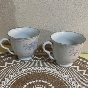 CAC Ceramic Shirley Elegant Floral White and Pink Teacups set of 2